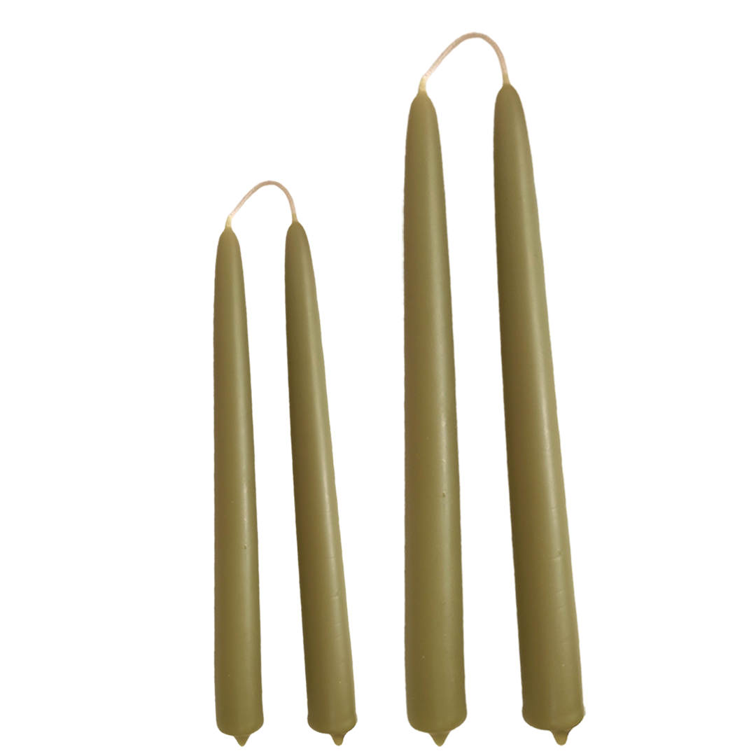 Close-up of non-drip hand-dipped beeswax tapers in olive-toned Martini color