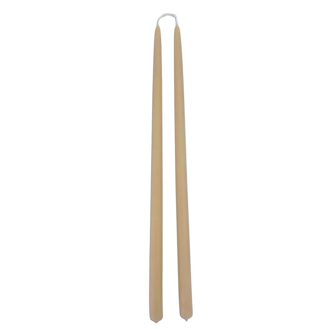 A pair of thin and long taper pure beeswax candles hand-dipped  in Tan hue, glow long burn
