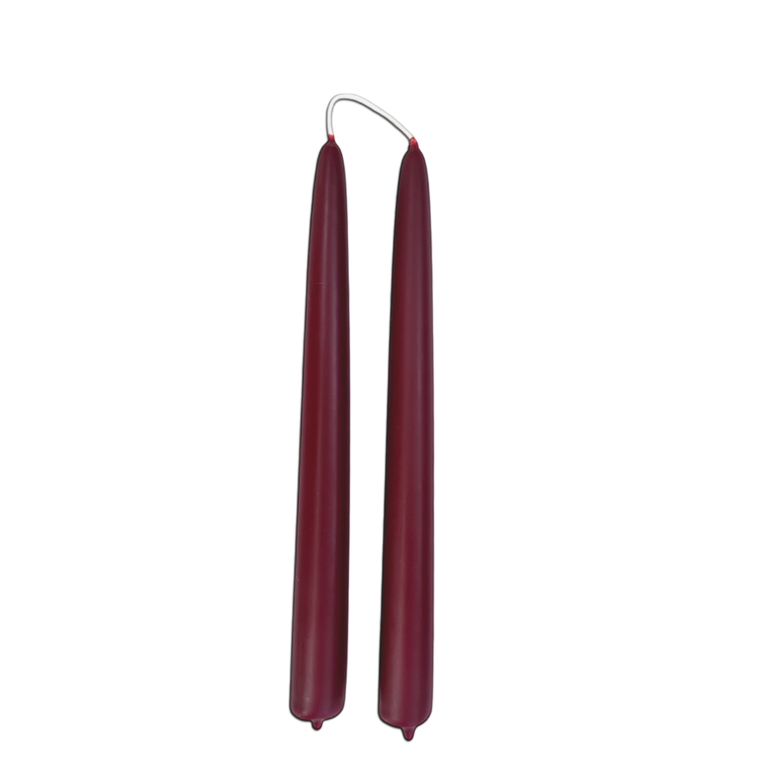 hand-dipped beeswax taper candles made with plant based pigments for an eco-friendly, elegant elevated accent, non dripping, burgundy color for the holidays