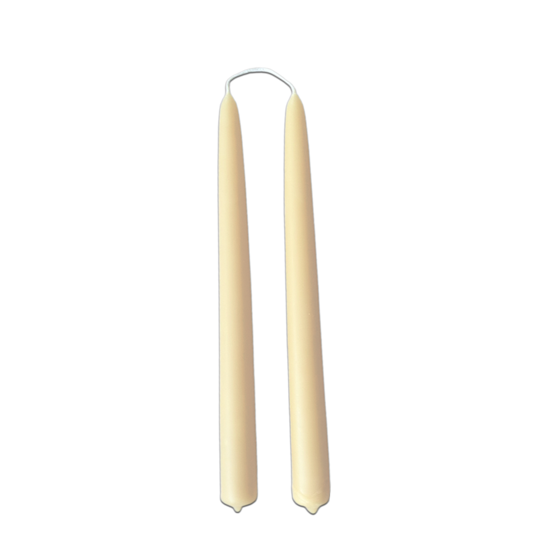 Cream butter hand-dipped beeswax taper candles made with natural plant-based pigments for an eco-friendly, elegant home decor accent.