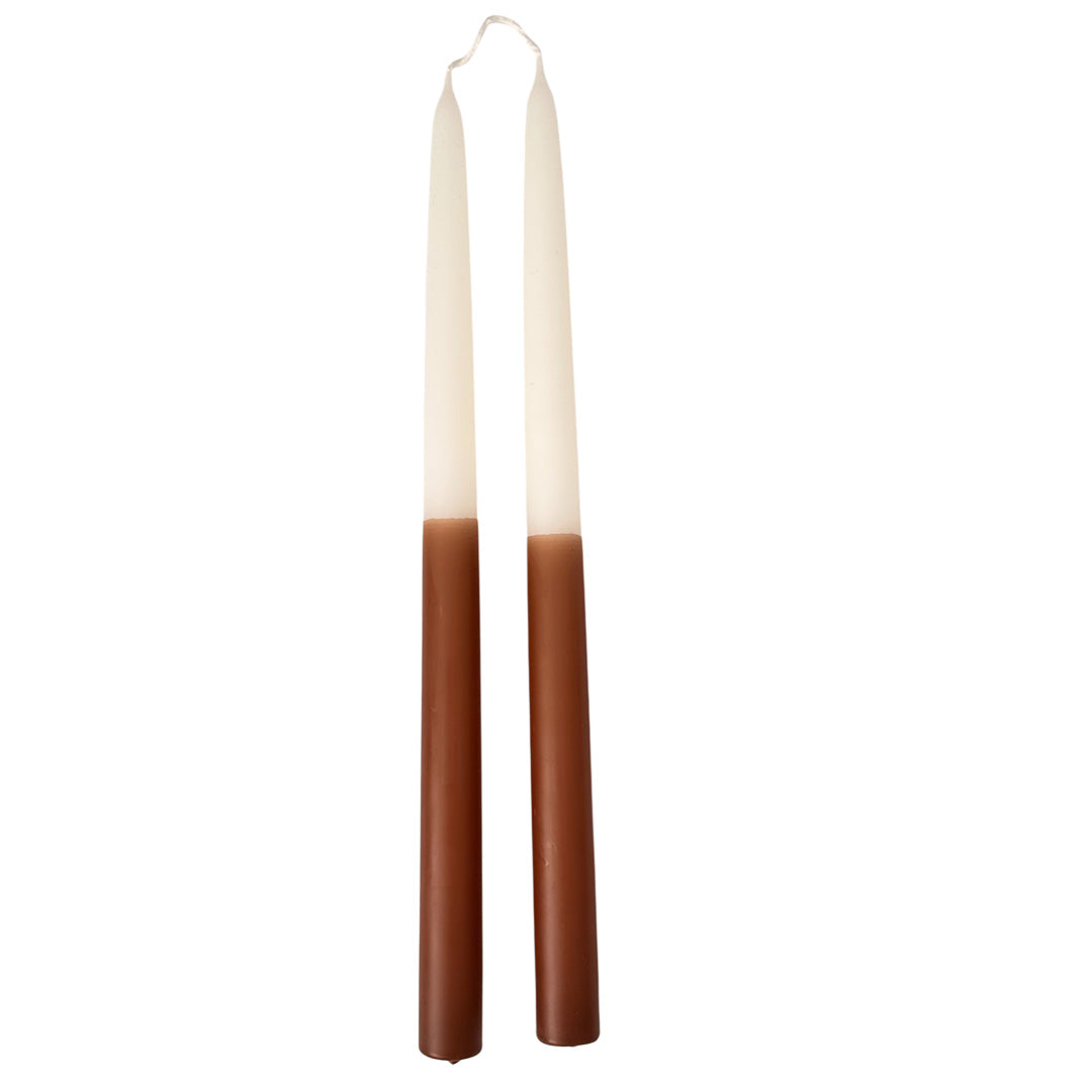 AGLŌAM 12" hand-dipped beeswax taper candles in Tiramisu — a two-tone of chocolate brown and cream, made in Santa Barbara with natural plant-based pigments