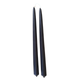 A pair of purple-grey color, elegant, hand-dipped beeswax taper candles made with natural plant-based pigments for an eco-friendly, non -drip, elevated home decor accent.