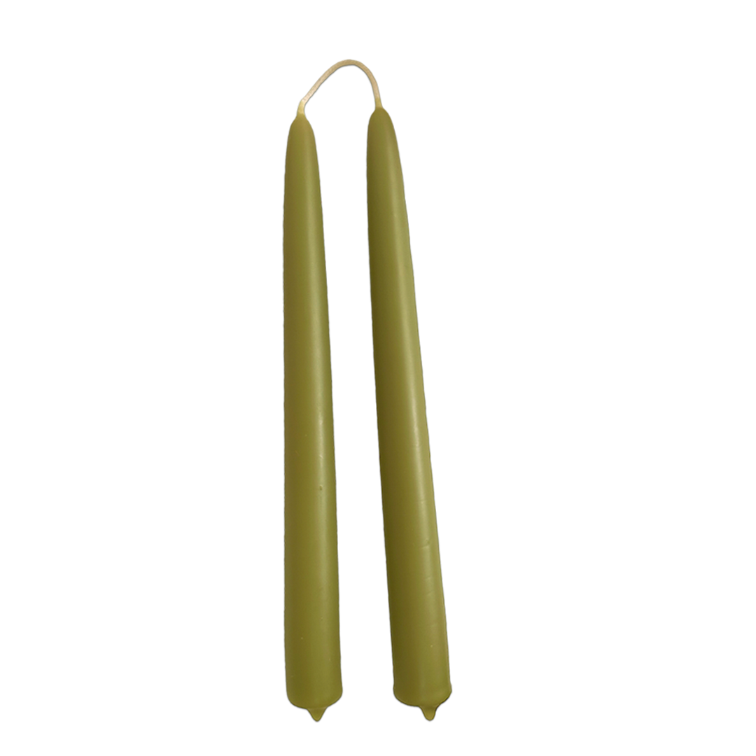 pure beeswax taper candles hand-dipped   in martini-olive green