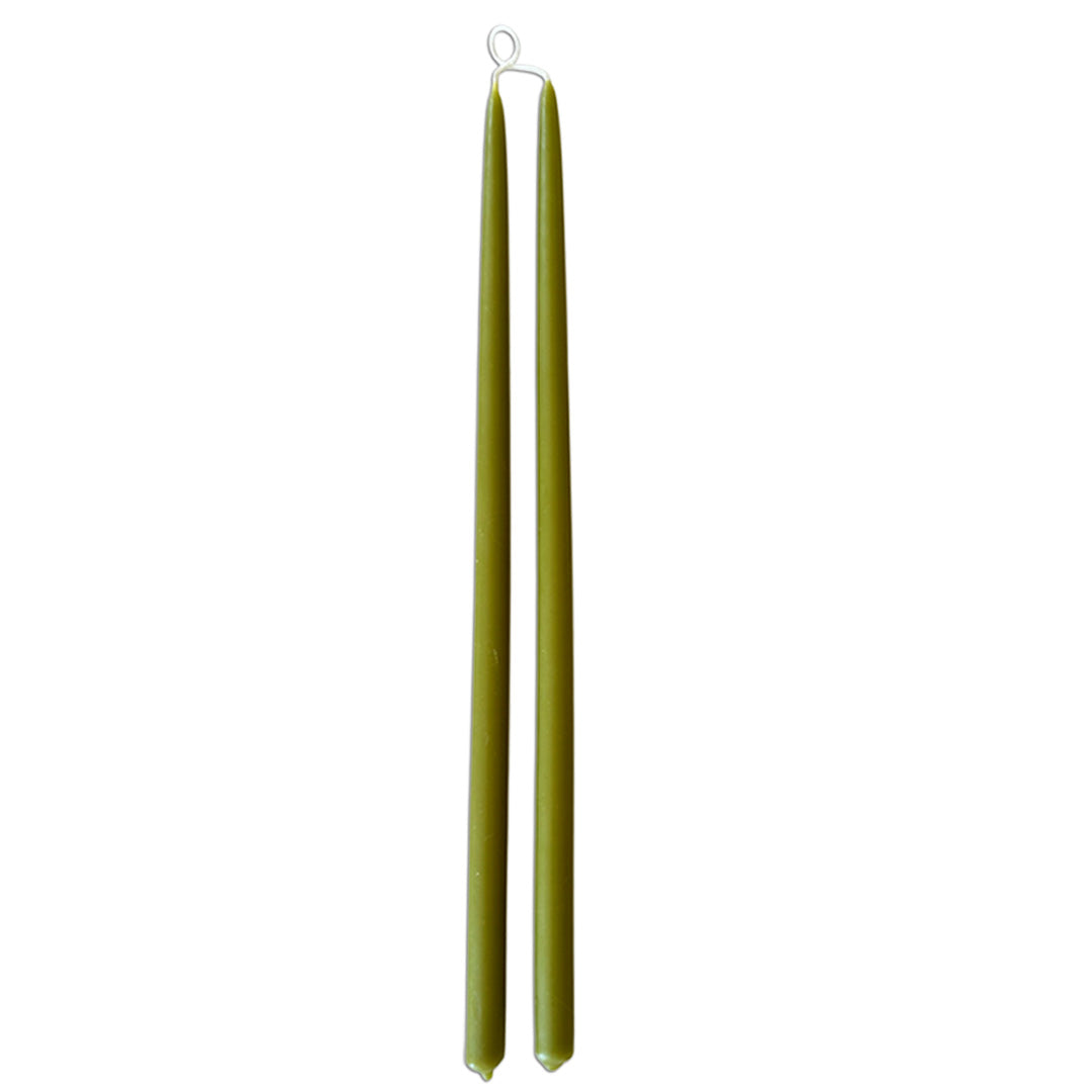  thin and long taper pure beeswax candles hand-dipped  in martini green glow long burn