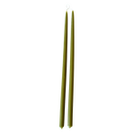 A pair of thin and long taper pure beeswax candles hand-dipped  in martini green glow, long burn