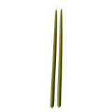 A pair of thin and long taper pure beeswax candles hand-dipped  in martini green glow, long burn