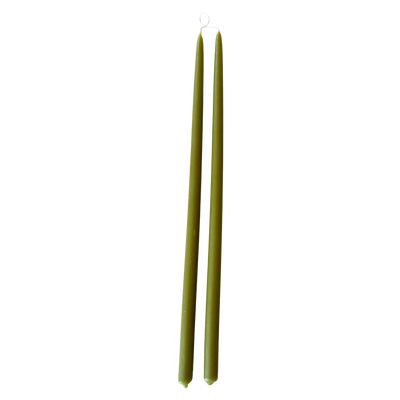 GLŌAM 12" hand-dipped thin beeswax taper candles in Martini — a deep olive green, made in Santa Barbara with natural plant-based pigments
