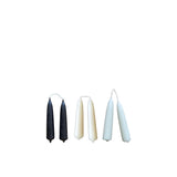 Dripless, beeswax hand-dipped mini taper candles in a trio of glace'- blue, cream and brown.  Dripless.  5 hours burn with a beautiful warm flame. brings warmth and elevates any home  or office interiors.