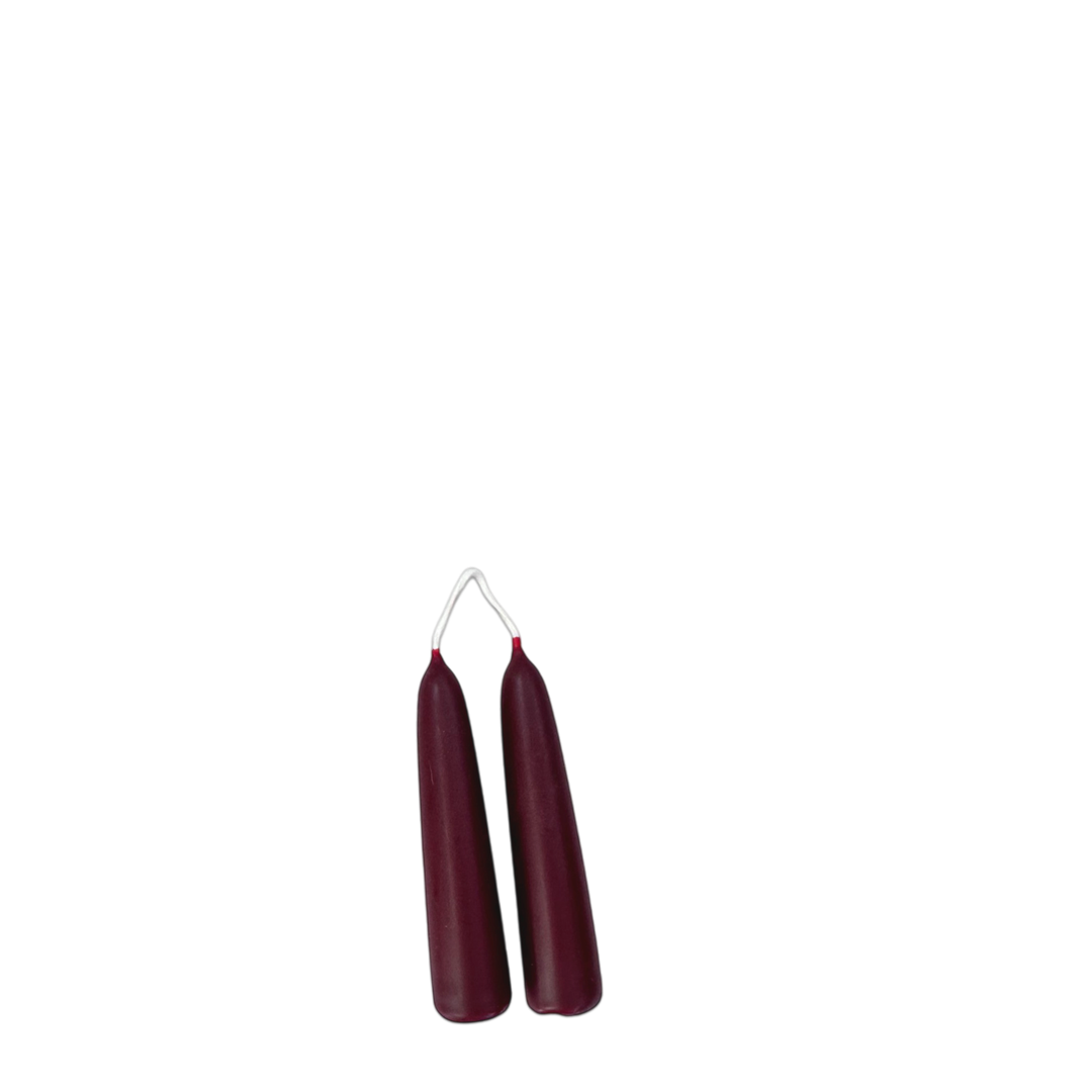 Hand-dipped beeswax  mini taper candles in vin chaud, crafted with plant-based pigments for a luxurious look