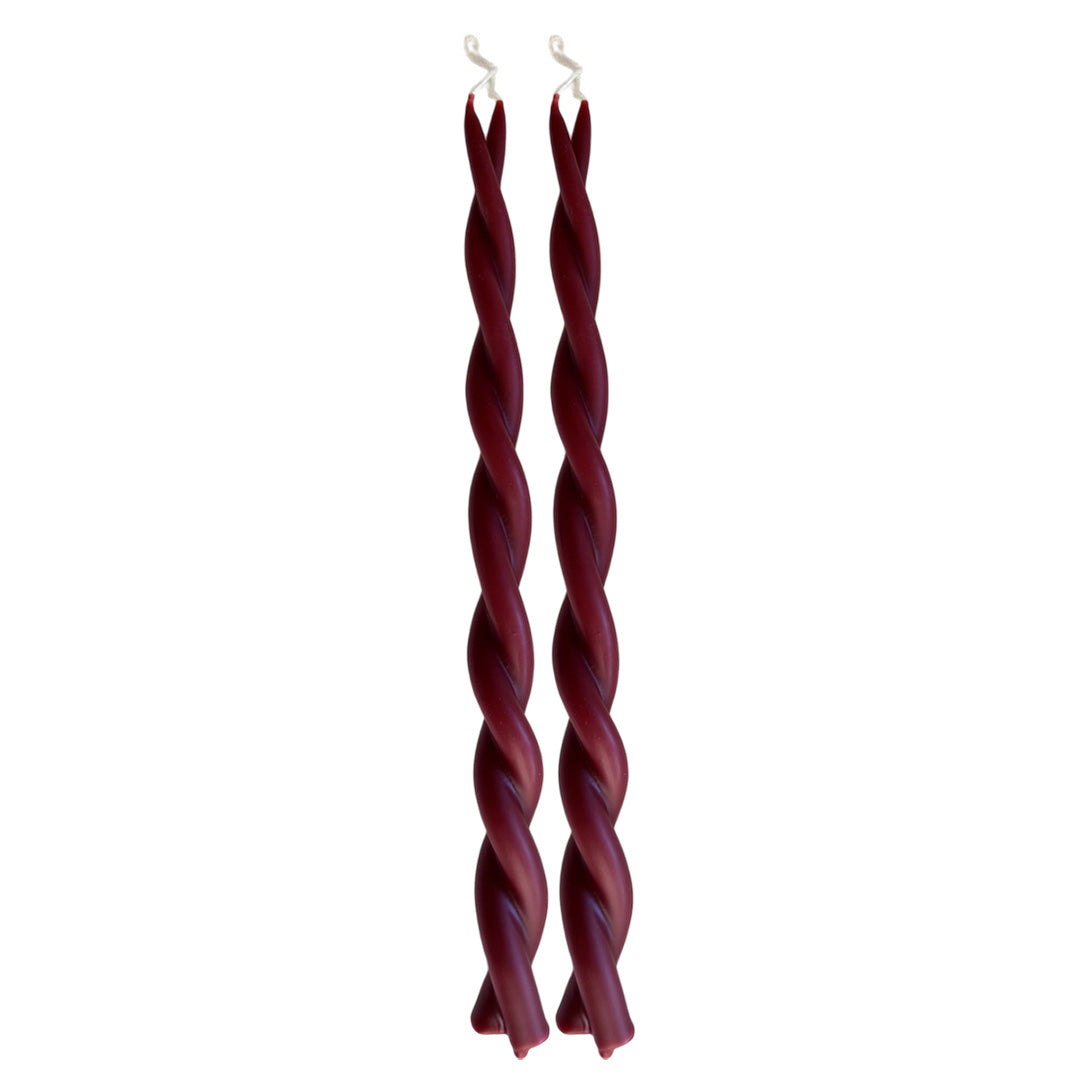 artisanal natural beeswax twisted candles hand dipped in mulberry dark red