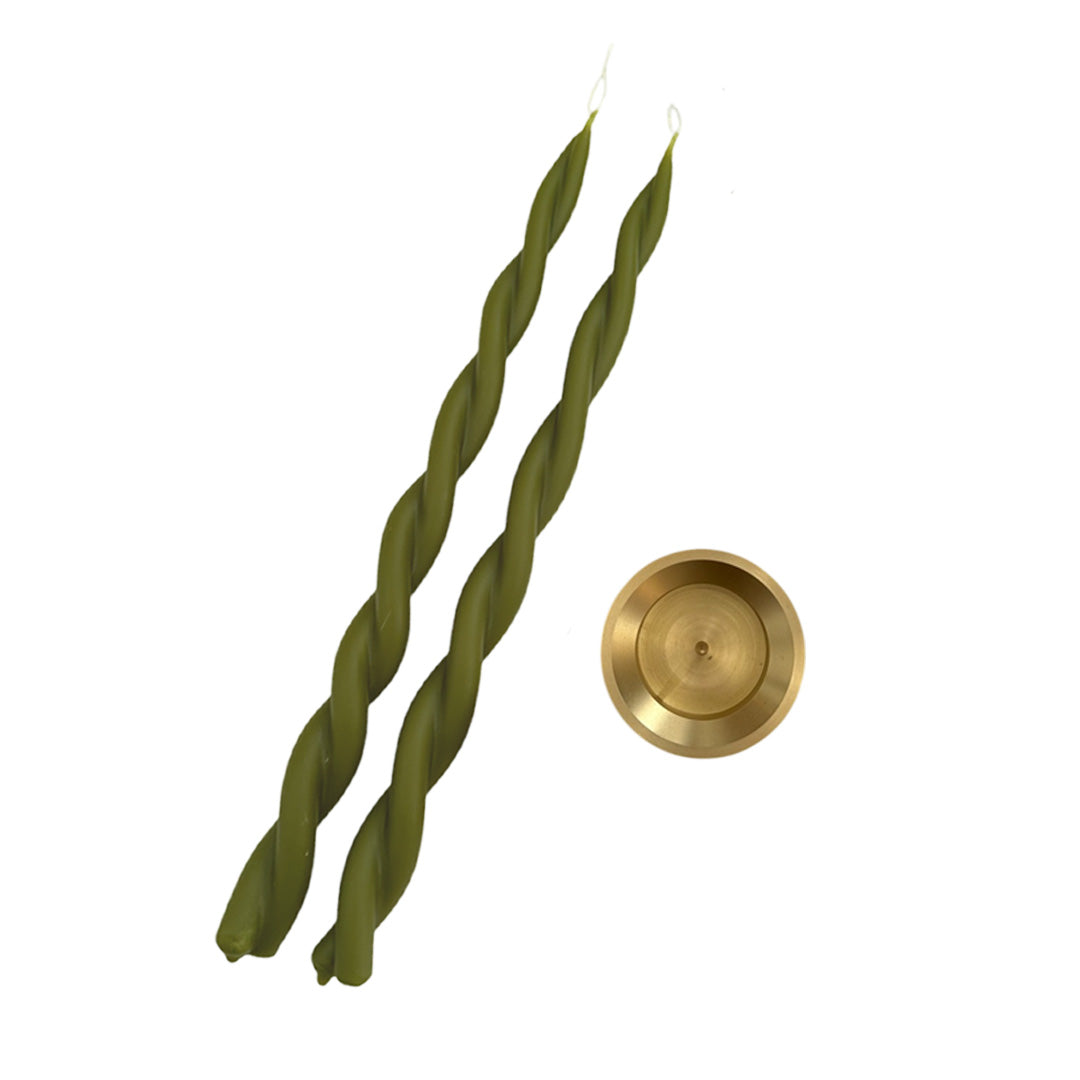 Beeswax twisted in martini green with brass spike holder