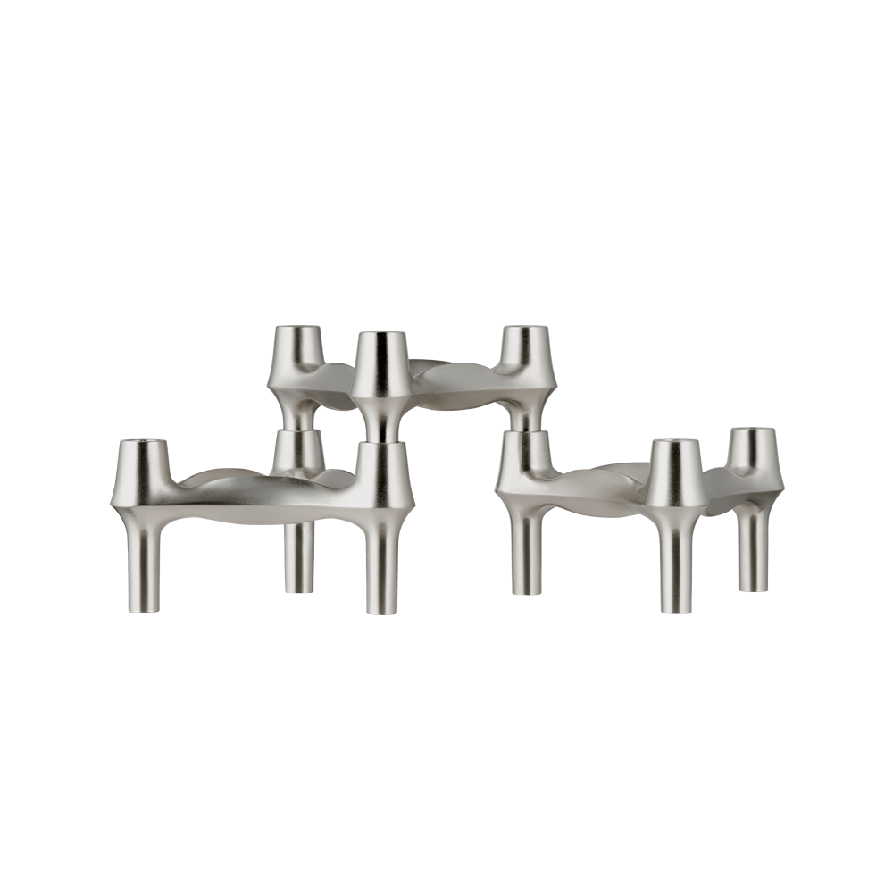 STOFF Nagel BMF candle holders in brushed chrome, three faceted modular holders with continuous flowing lines and a soft satin finish