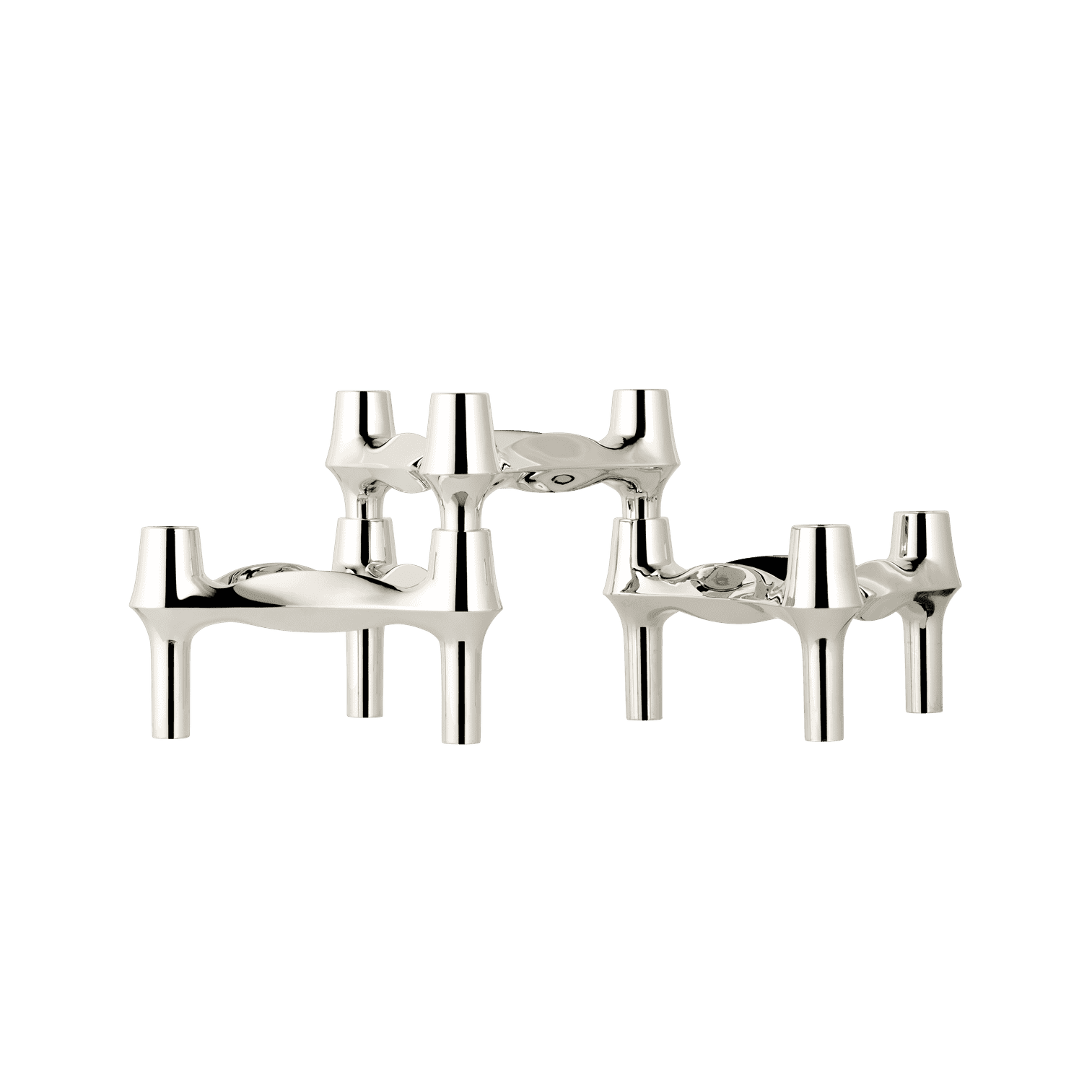 STOFF Nagel BMF candle holders in chrome, three faceted modular holders with continuous flowing lines connecting into a sculptural arrangement