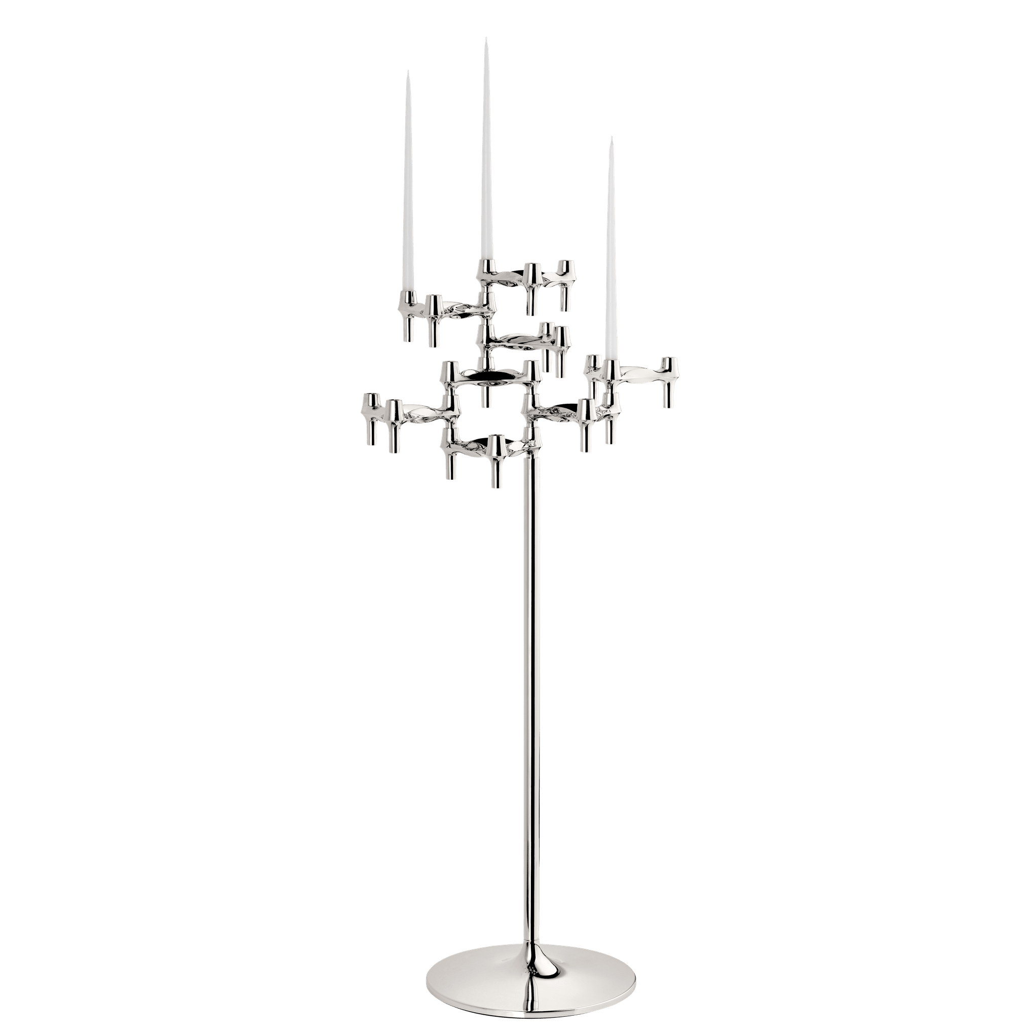 STOFF Nagel floor stand holding six faceted BMF candle holders in polished chrome with white taper candles, a freestanding modular sculpture