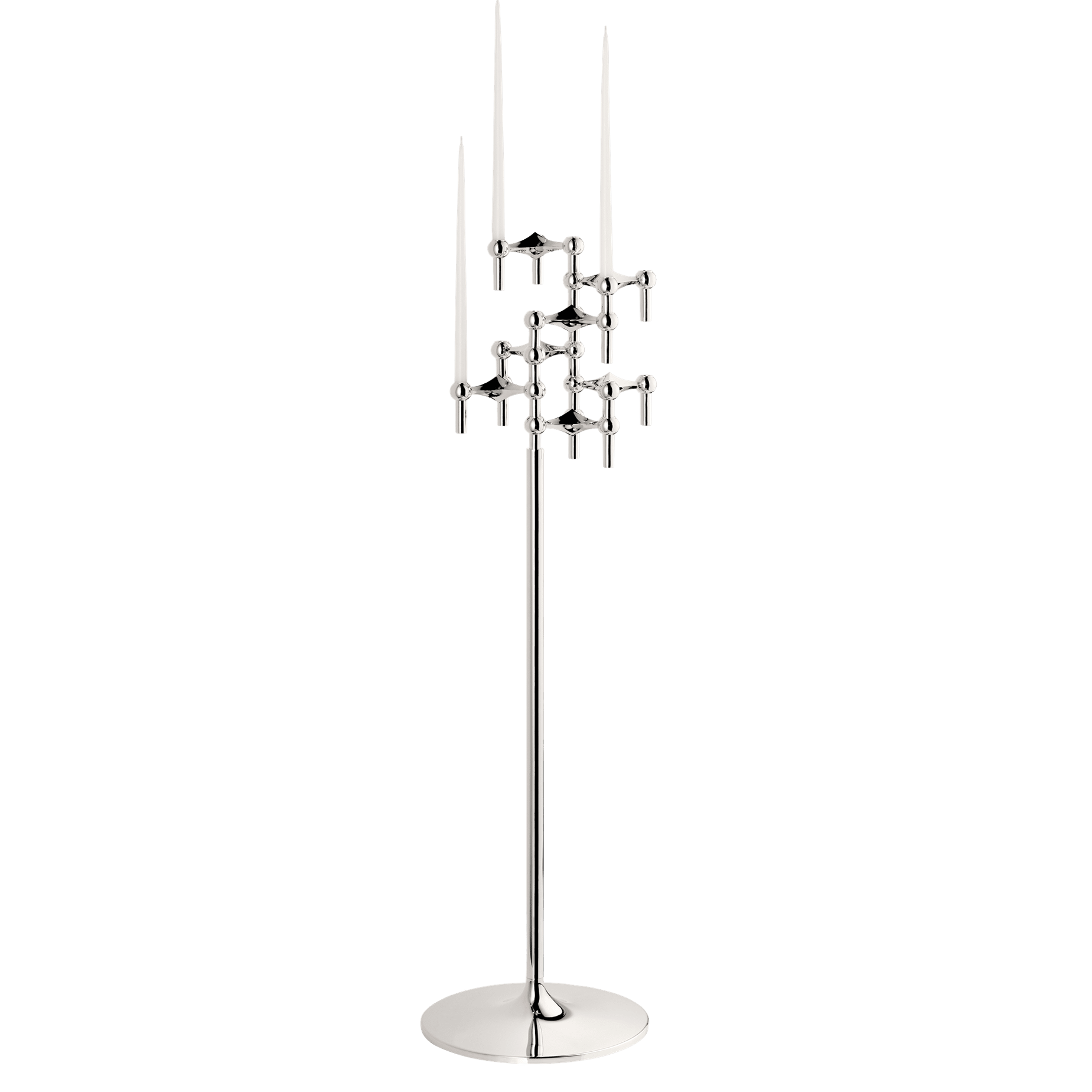 STOFF Nagel floor stand in chrome holding six original candle holders with white taper candles, a freestanding modular sculpture
