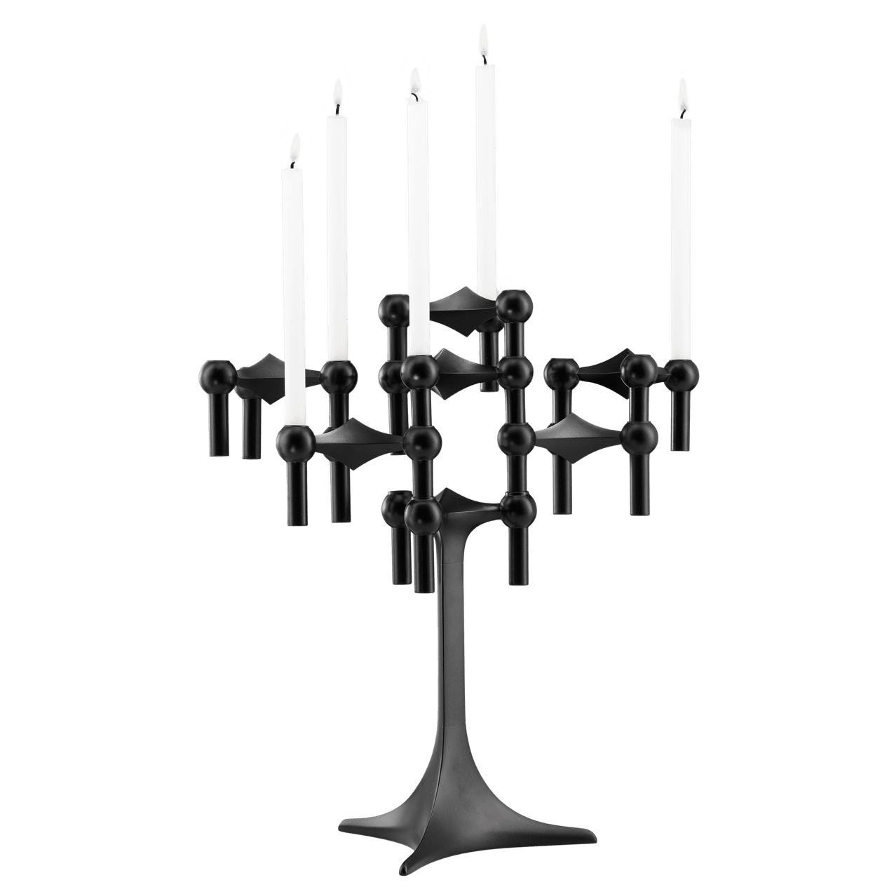 STOFF Nagel stand in black built up with modular holders into a full candle composition with lit tapers