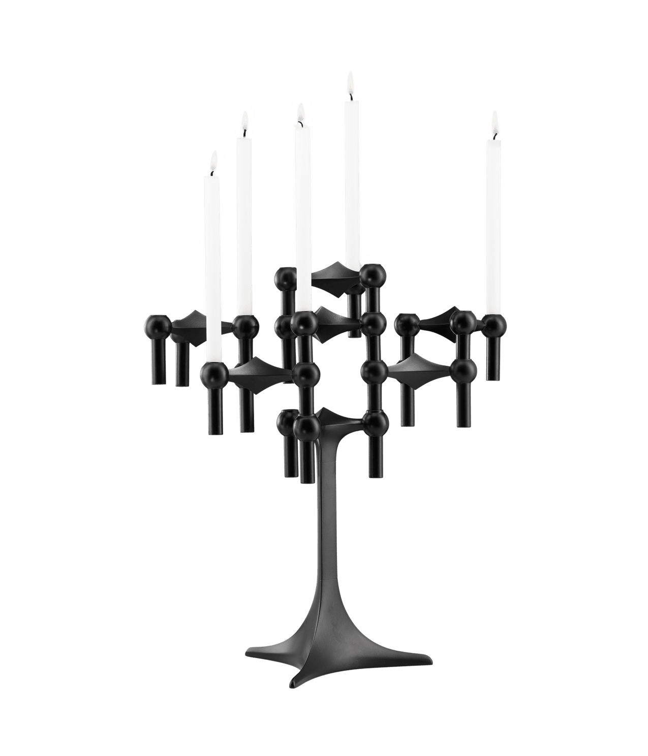 STOFF Nagel stand in black built up with modular holders into a full candle composition with lit tapers
