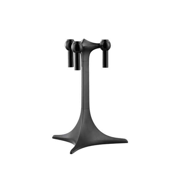 STOFF Nagel tabletop stand in black, a single stemmed stand holding three taper candles