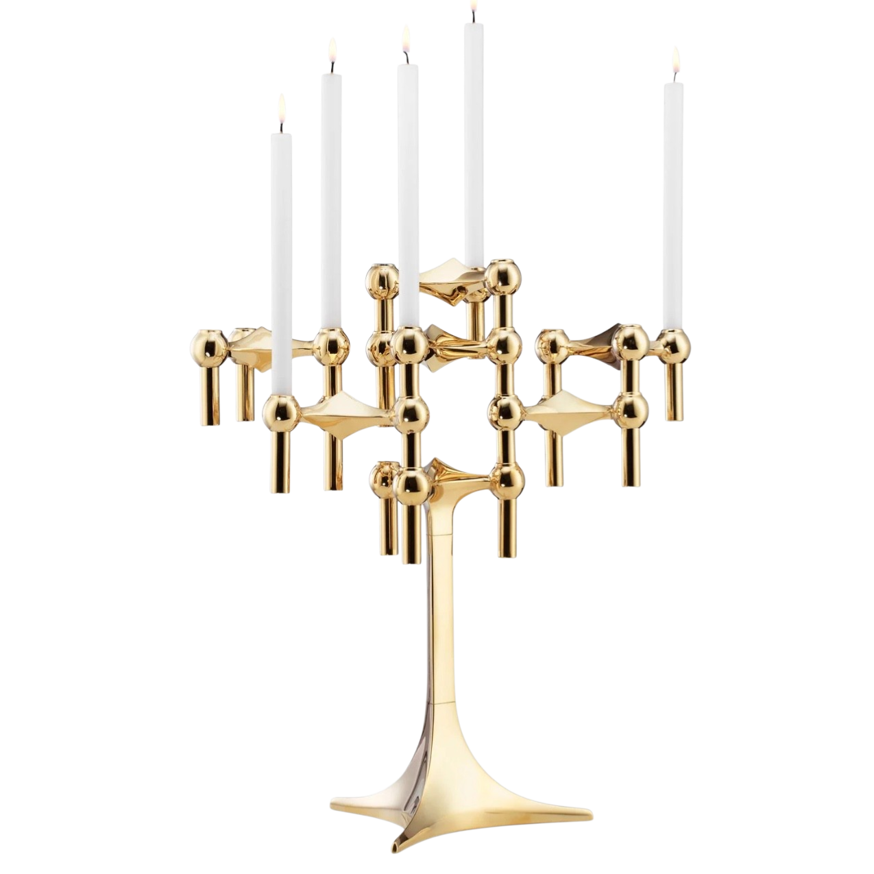 STOFF Nagel stand in solid brass built up with modular holders into a full candle composition with lit tapers