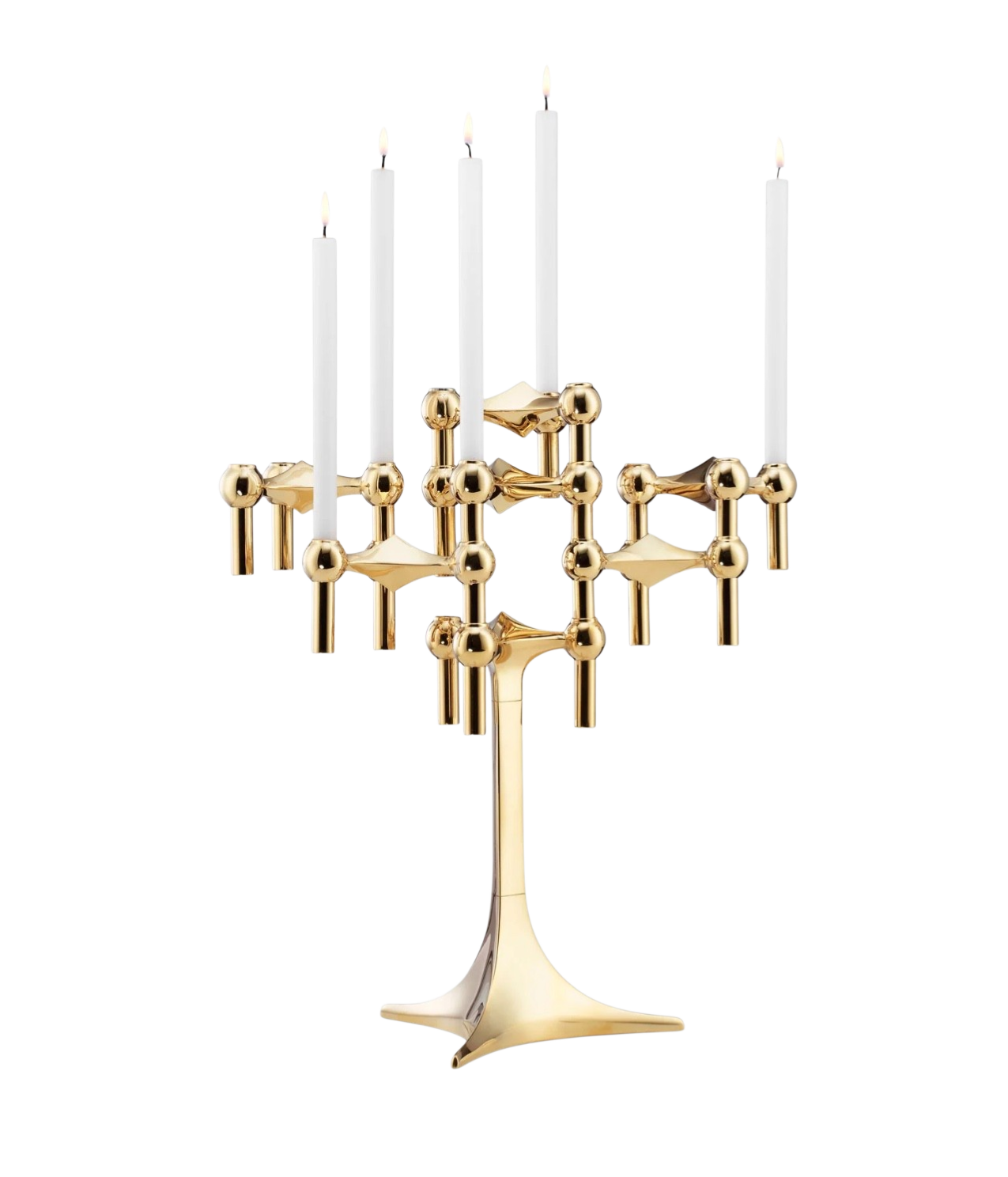 STOFF Nagel stand in solid brass built up with modular holders into a full candle composition with lit tapers