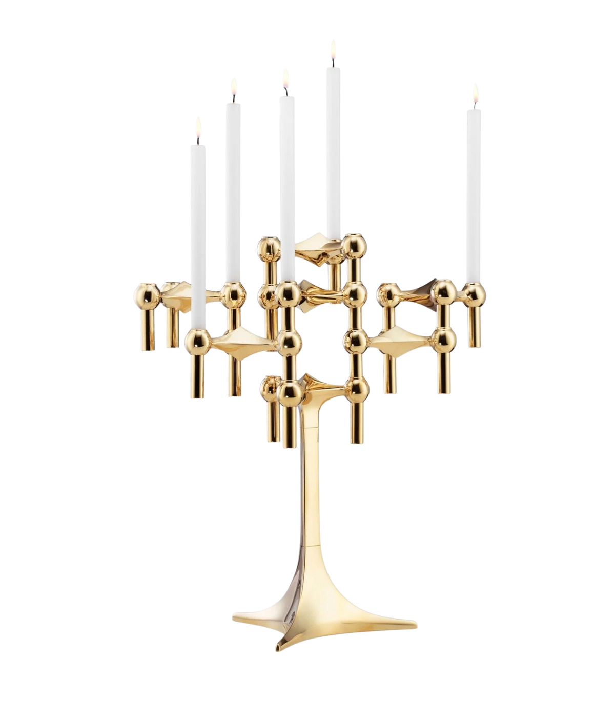 STOFF Nagel stand in solid brass built up with modular holders into a full candle composition with lit tapers