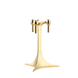STOFF Nagel tabletop stand in solid brass, a single stemmed stand holding three taper candles