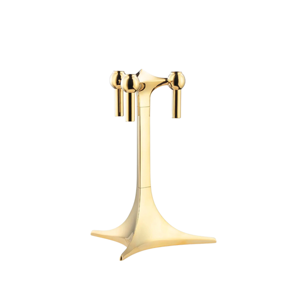 STOFF Nagel tabletop stand in solid brass, a single stemmed stand holding three taper candles