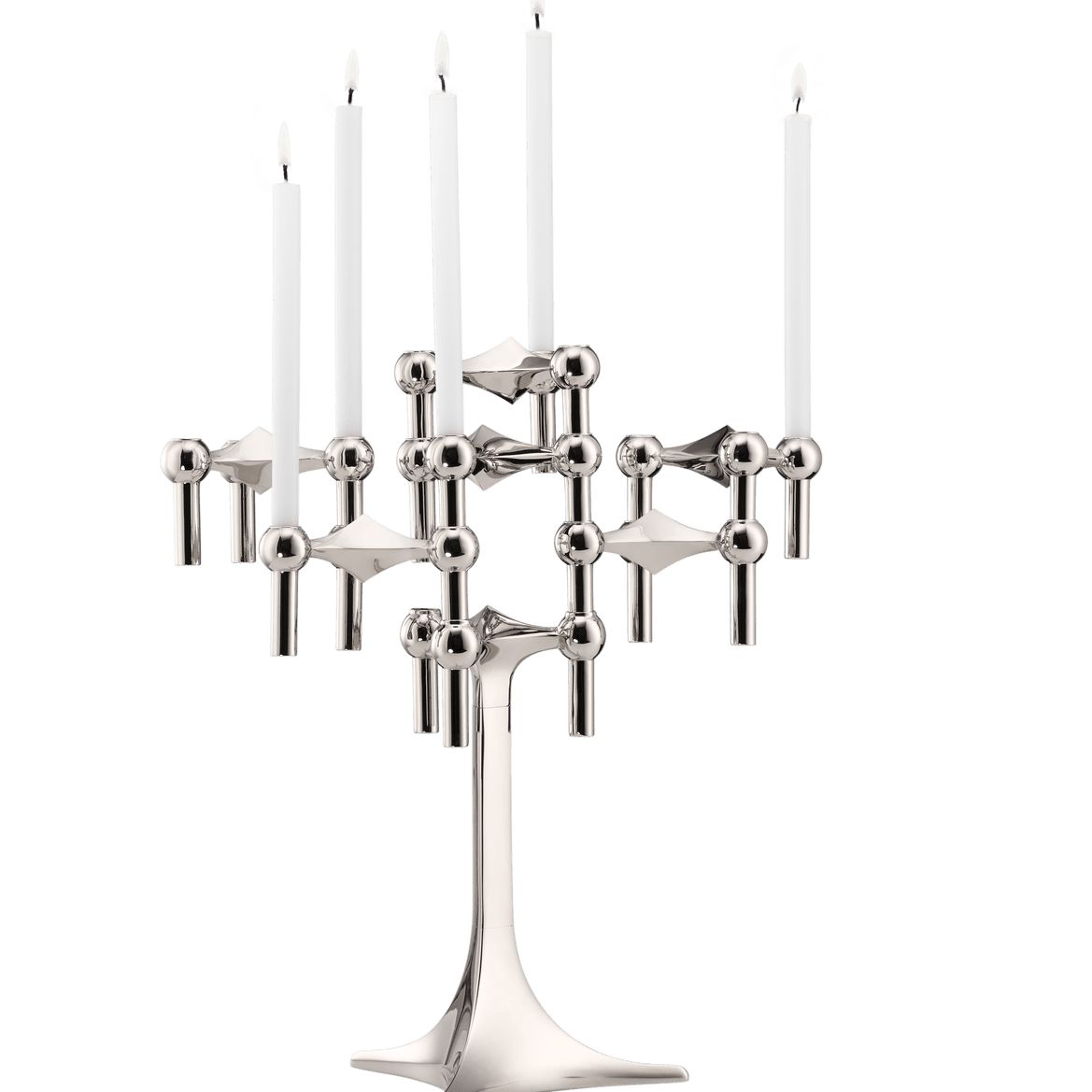 STOFF Nagel stand in chrome built up with modular holders into a full candle composition with lit tapers