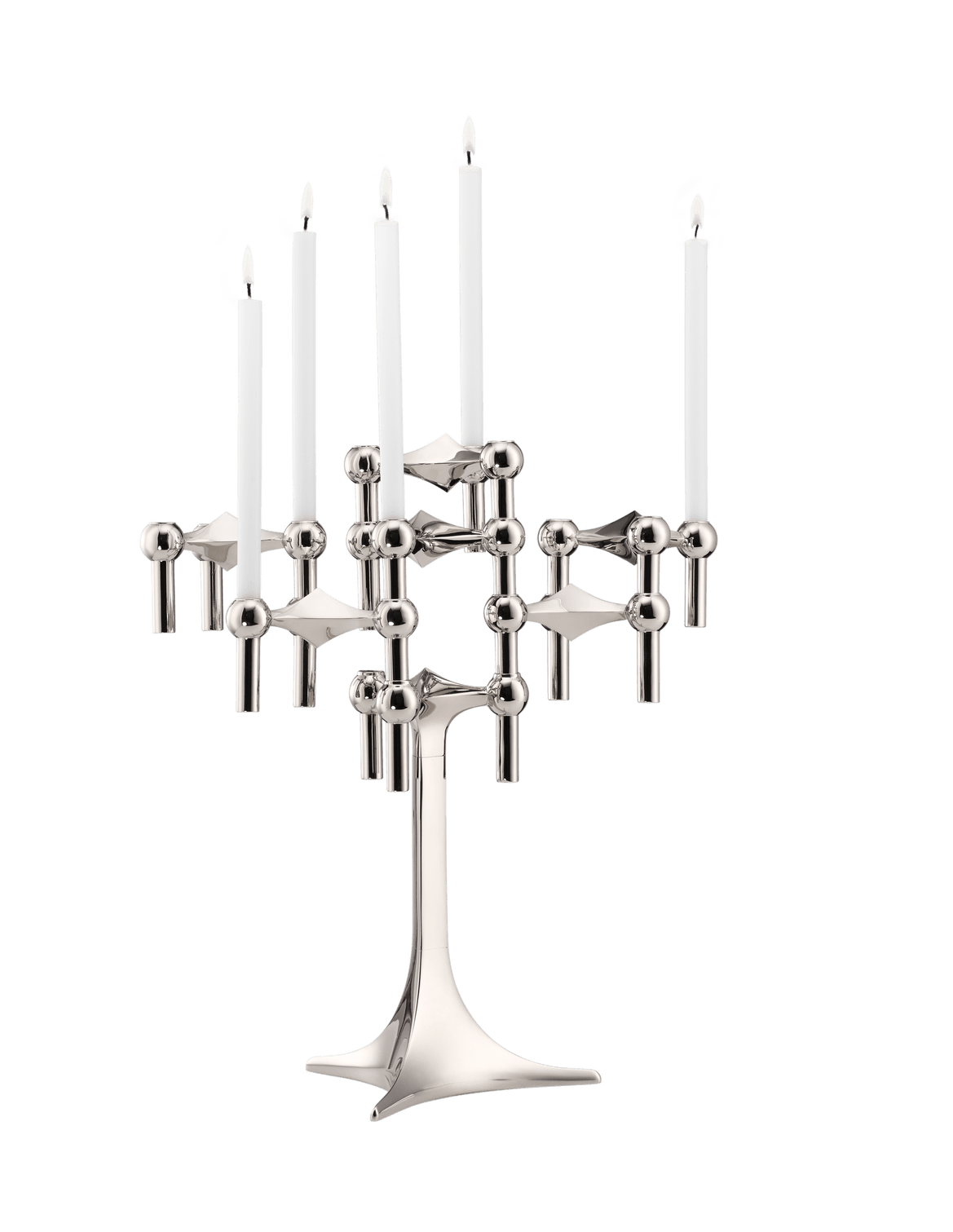 STOFF Nagel stand in chrome built up with modular holders into a full candle composition with lit tapers