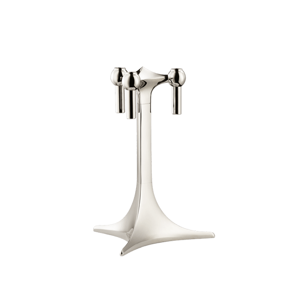 STOFF Nagel tabletop stand in chrome, a single stemmed stand holding three taper candles