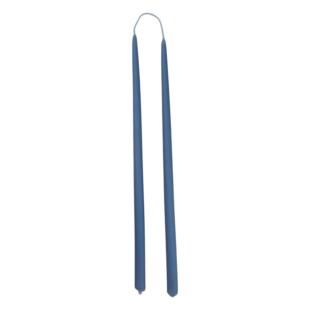 thin taper beeswax candles hand-dipped  in the blue color M Denim, 6 hours burn