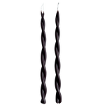 A pair of twisted pure beeswax taper candles infused with plant-based pigments in creme de cassis - dark chocolate Brown