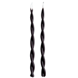 A pair of twisted pure beeswax taper candles infused with plant-based pigments in creme de cassis - dark chocolate Brown